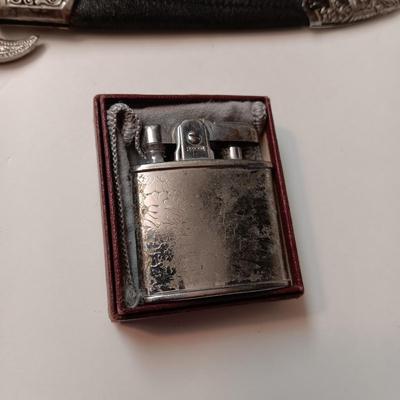 CLIP ON AVIATOR SUNGLASSES, SMALL DAGGER, SWISS ARMY KNIFE AND OLD LIGHTER