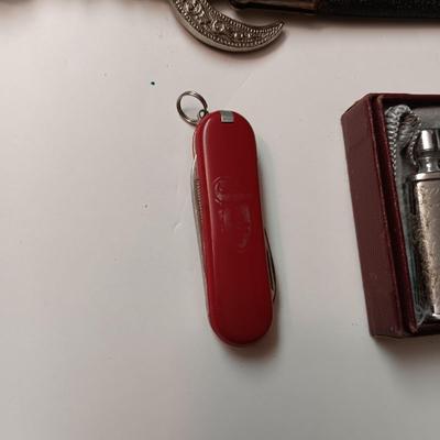 CLIP ON AVIATOR SUNGLASSES, SMALL DAGGER, SWISS ARMY KNIFE AND OLD LIGHTER