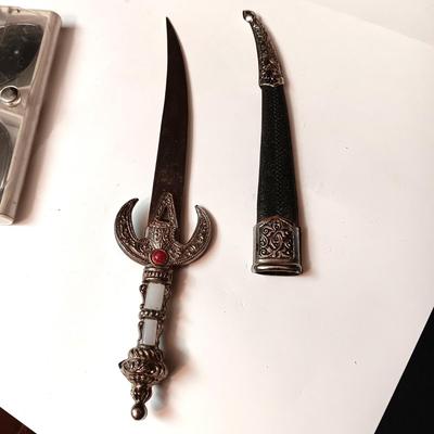 CLIP ON AVIATOR SUNGLASSES, SMALL DAGGER, SWISS ARMY KNIFE AND OLD LIGHTER