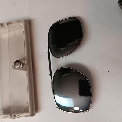 CLIP ON AVIATOR SUNGLASSES, SMALL DAGGER, SWISS ARMY KNIFE AND OLD LIGHTER