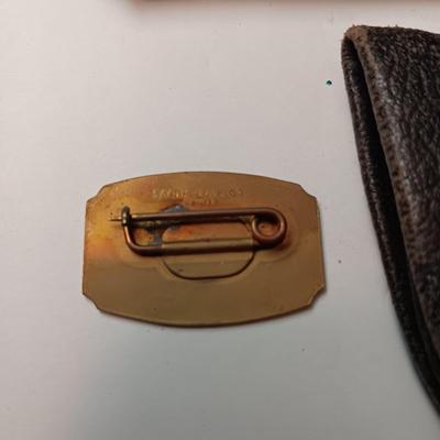 OLD GLASSES IN A CASE, 1952 CHAUFFEUR BADGE AND A COIN PURSE