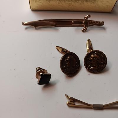 STERLING SILVER CUFFLINKS, TIE CLIPS AND TACKS PLUS A WATCH