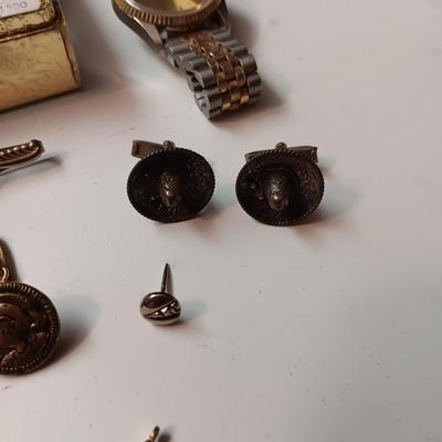 STERLING SILVER CUFFLINKS, TIE CLIPS AND TACKS PLUS A WATCH