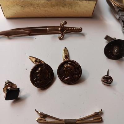 STERLING SILVER CUFFLINKS, TIE CLIPS AND TACKS PLUS A WATCH