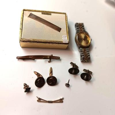 STERLING SILVER CUFFLINKS, TIE CLIPS AND TACKS PLUS A WATCH