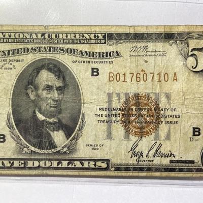 Series of 1929 Circulated Condition $5 New York City/NY National Currency Bank Note as Pictured. Free Domestic Shipping.