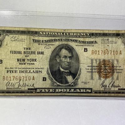 Series of 1929 Circulated Condition $5 New York City/NY National Currency Bank Note as Pictured. Free Domestic Shipping.