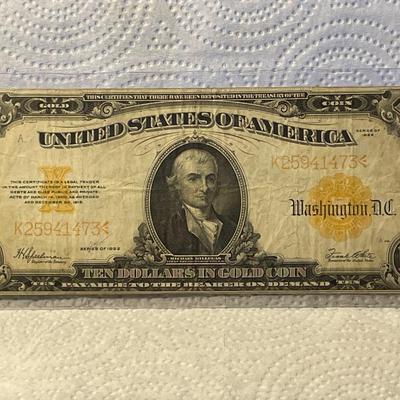 Series of 1922 $10 Large Size Gold Certificate in Nice Circulated Condition as Pictured. FREE DOMESTIC SHIPPING.