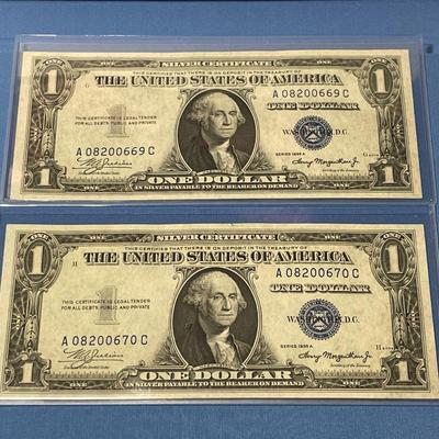 2-Series 1935-A $1.00 (Consecutive Serial Numbers) Silver Certificates Uncirculated Condition Banknotes A08200669C/A08200670C as Pictured.