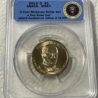 ANACS Certified 2013-D MS67 WILLIAM McKINLEY Presidential Dollar Coin "First Strike" as Pictured. FREE DOMESTIC SHIPPING.