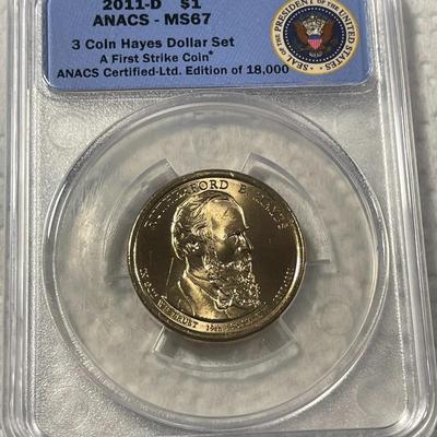 ANACS Certified 2011-D MS67 RUTHERFORD B. HAYES Presidential Dollar Coin "First Strike" as Pictured. FREE DOMESTIC SHIPPING.