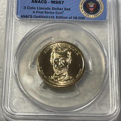 ANACS Certified 2010-D MS67 ABE LINCOLN Presidential Dollar Coin "First Strike" as Pictured. FREE DOMESTIC SHIPPING.