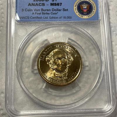 ANACS Certified 2008-D MS67 MARTIN VAN BUREN Presidential Dollar Coin "First Strike" as Pictured. FREE DOMESTIC SHIPPING.