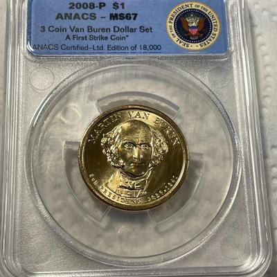 ANACS Certified 2008-P MS67 MARTIN VAN BUREN Presidential Dollar Coin "First Strike" as Pictured. FREE DOMESTIC SHIPPING.