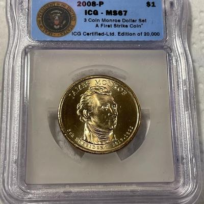 ICG Certified 2008-P MS67 JAMES MONROE Presidential Dollar Coin "First Strike" as Pictured. FREE DOMESTIC SHIPPING.