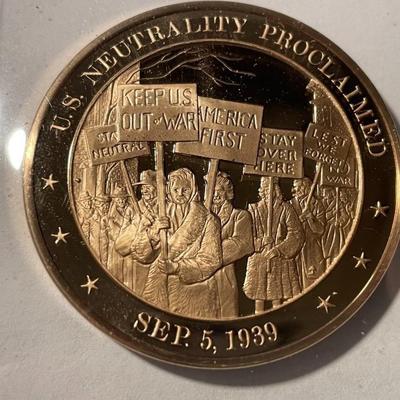 1939 U.S. NEUTRALITY PROCLAIMED FRANKLIN MINT PROOF BRONZE MEDAL (MEDAL #45). FREE DOMESTIC SHIPPING.
