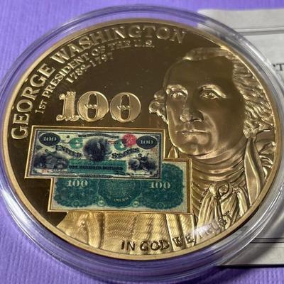 WASHINGTON PRESIDENTIAL FEDERAL RESERVE NOTES PROOF GOLD-TONE MEDAL BY THE AMERICAN MINT AS PICTURED.
