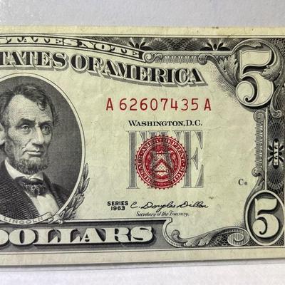 Series 1963 $5 Red Seal US Legal Tender Note EF/AU Condition Serial #A62607435A as Pictured. Free Domestic Shipping.