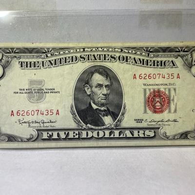Series 1963 $5 Red Seal US Legal Tender Note EF/AU Condition Serial #A62607435A as Pictured. Free Domestic Shipping.