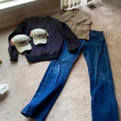 MENS WRANGLER JEANS, SWEATERS AND BALL CAPS