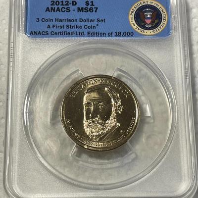ANACS Certified 2012-D MS67 Benjamin Harrison Presidential Dollar Coin "First Strike" as Pictured. FREE DOMESTIC SHIPPING.