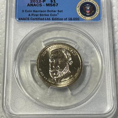 ANACS Certified 2012-P MS67 Benjamin Harrison Presidential Dollar Coin "First Strike" as Pictured. FREE DOMESTIC SHIPPING.