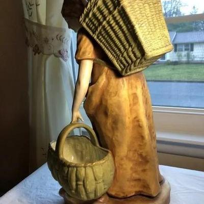 Antique Early 1900's Scarce Austrian Turn-Teplitz Amphora Porcelain Lady with Basket Statue 16.5" Tall #4623 in VG Condition as...