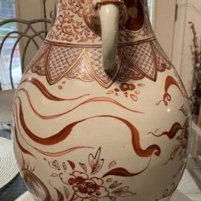 Early Japanese Kutani/Satsuma Hand Painted Signed Red/Gold Mark Vase from 1800's 15.5" Tall & w/Base 17" Tall...