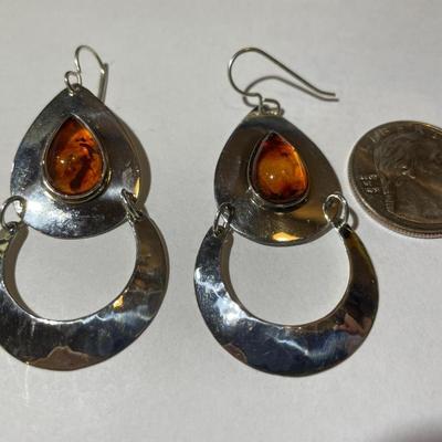 Sterling Silver Dangling Amber Earrings in New Never Worn Condition as Pictured.