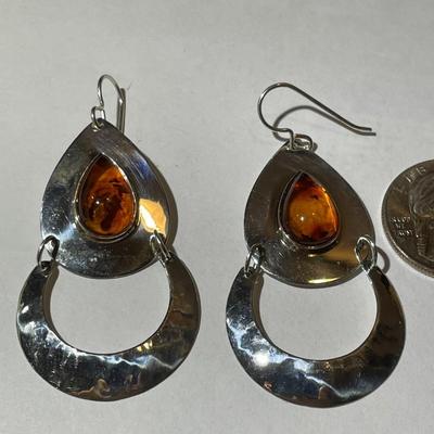 Sterling Silver Dangling Amber Earrings in New Never Worn Condition as Pictured.