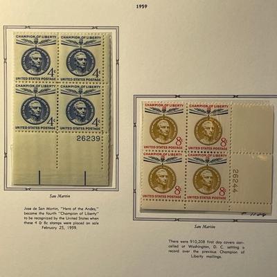Jose de San Martin 1959 Mint Condition US Stamp Plate Blocks Page as Pictured. Only One $5 Shipping Charge for 1 or 100 Pages Won.