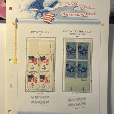 50-Star Flag & Employ the Physically Handicap 1960 Mint Condition US Stamp Plate Blocks Page as Pictured. Only One $5 Shipping Charge...