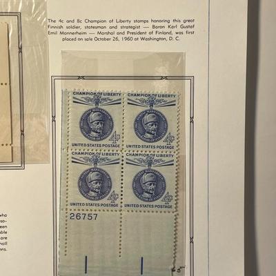 Gustaf Mannerheim 1960 Mint Condition US Stamp Plate Blocks Page as Pictured. Only One $5 Shipping Charge for 1 or 100 Pages Won.