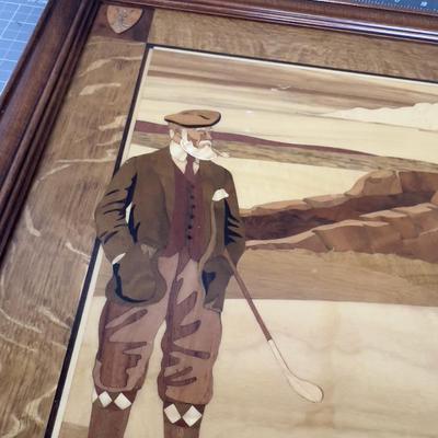 Vintage Marquetry Wood and Mother of Pearl, Golf Scene