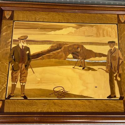 Vintage Marquetry Wood and Mother of Pearl, Golf Scene