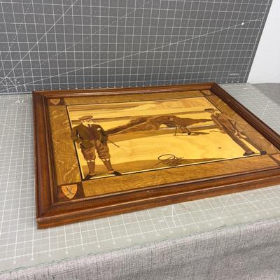 Vintage Marquetry Wood and Mother of Pearl, Golf Scene