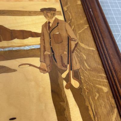 Vintage Marquetry Wood and Mother of Pearl, Golf Scene