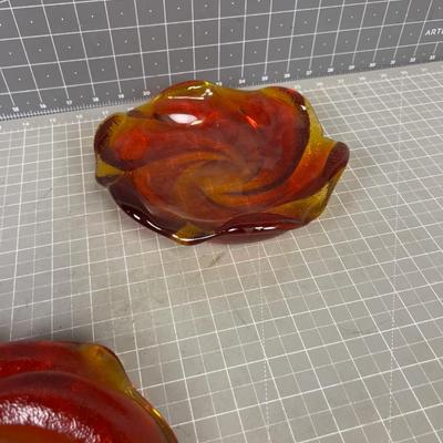Pair of Fenton LARGE Free Form Orange Swirl Ashtrays, Glass 
