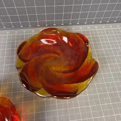 Pair of Fenton LARGE Free Form Orange Swirl Ashtrays, Glass 
