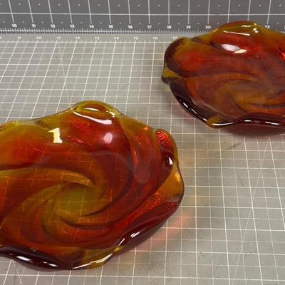 Pair of Fenton LARGE Free Form Orange Swirl Ashtrays, Glass 