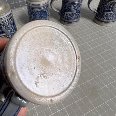 Collection of Antique GERMAN Steins with Pewter Lids (5) 