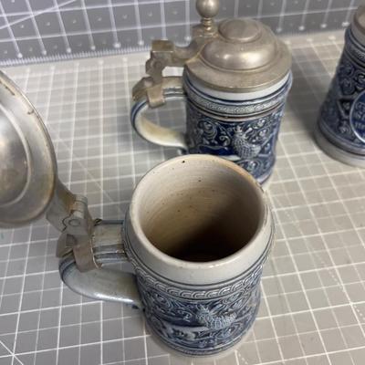 Collection of Antique GERMAN Steins with Pewter Lids (5) 