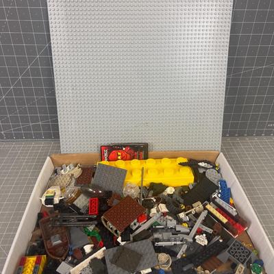 Box of Loose LEGOS and LEGO Board