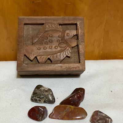 Small India wood carved box with polished rocks