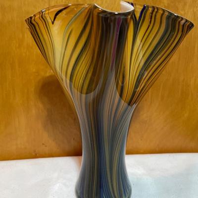 Stunning hand blown glass gold and blue vase