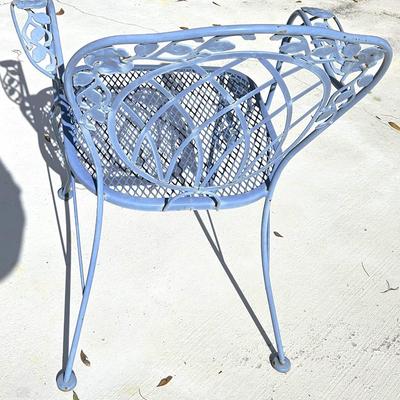 Blue Wrought Iron Table with Glass Top and Chair Set with Additional Side Table