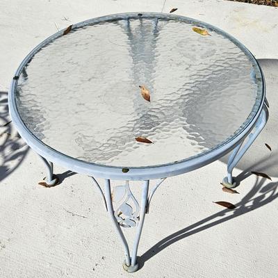 Blue Wrought Iron Table with Glass Top and Chair Set with Additional Side Table