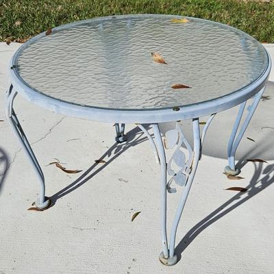Blue Wrought Iron Table with Glass Top and Chair Set with Additional Side Table