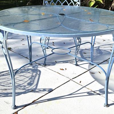 Blue Wrought Iron Table with Glass Top and Chair Set with Additional Side Table