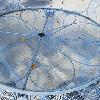 Blue Wrought Iron Table with Glass Top and Chair Set with Additional Side Table